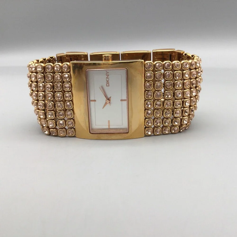 DKNY NY4905 Womens Dress Watch 32mm White Dial Gold Tone Crystals New Battery 7